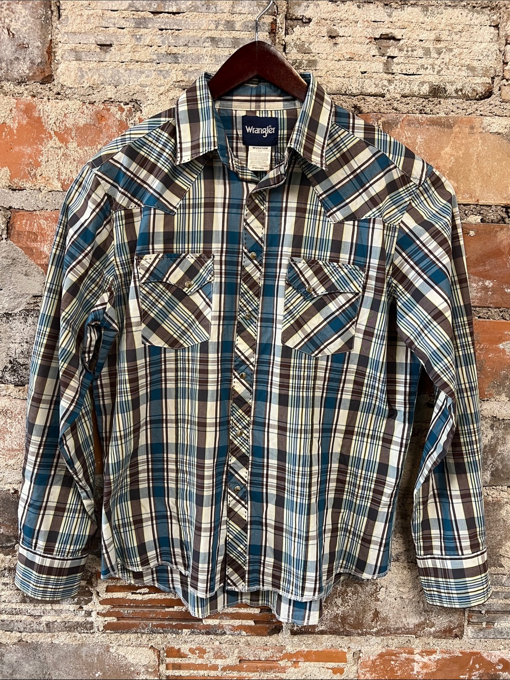 Vintage Wrangler Teal, Brown Cream Plaid Western Shirt Lg brown hand embroidery